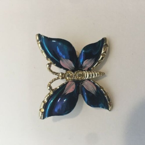 Beautiful BLUE BUTTERFLY BROOCH Lapel‎ PIN Enamel  Rhinestone Gold Tone Jewelry - Picture 8 of 8